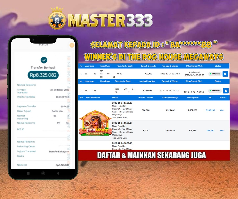 MASTER333 JACKPOT SLOT The Dog House Megaways  Rp.8,325,082.,- LUNAS